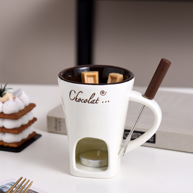 Fondue Mug Ceramic Fondue Mugs with Forks Cheese Melting Pot Set for Chocolate Butter Candy Fondue Warmer for Party Date Night Wedding