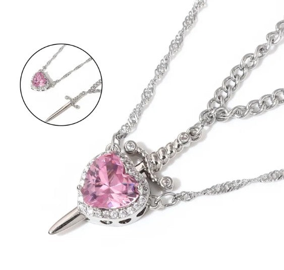 Love Dagger Heart Sword Necklace For Couples, Stainless Steel Twist Water Wave Chain Dainty Trendy Matching Sword And Heart Necklace Set
