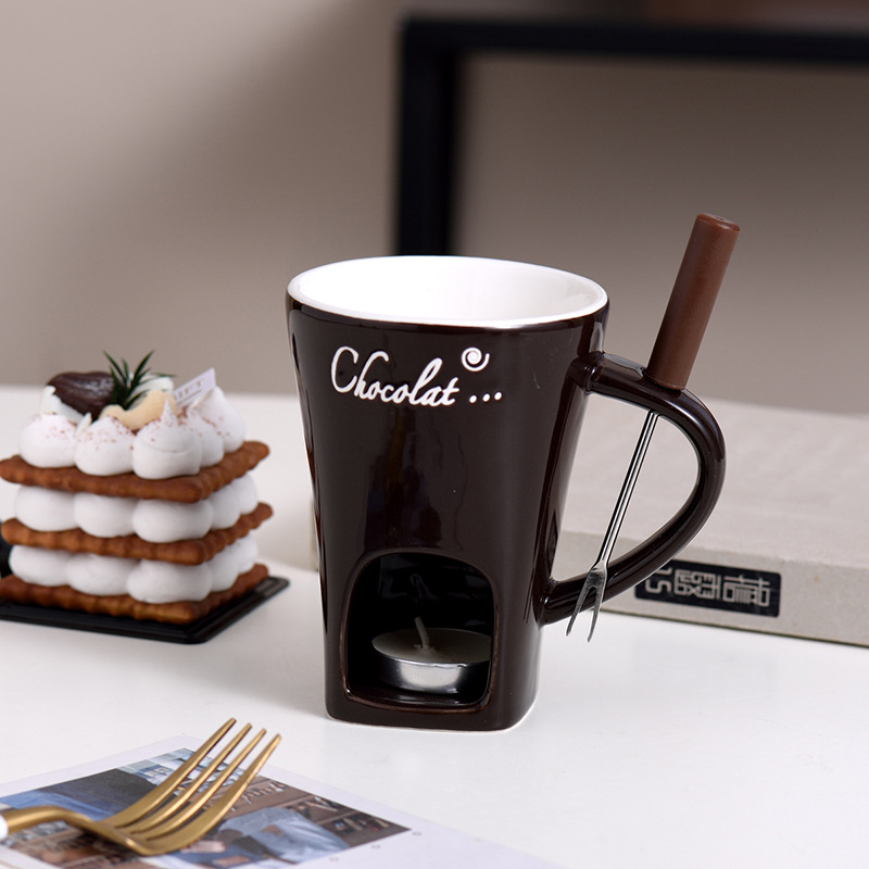 Fondue Mug Ceramic Fondue Mugs with Forks Cheese Melting Pot Set for Chocolate Butter Candy Fondue Warmer for Party Date Night Wedding