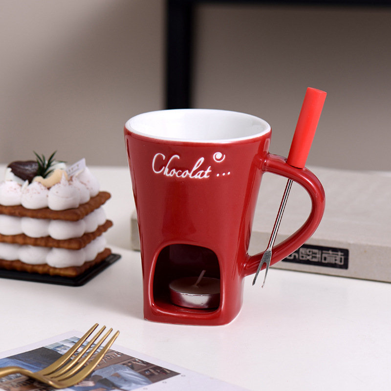 Fondue Mug Ceramic Fondue Mugs with Forks Cheese Melting Pot Set for Chocolate Butter Candy Fondue Warmer for Party Date Night Wedding