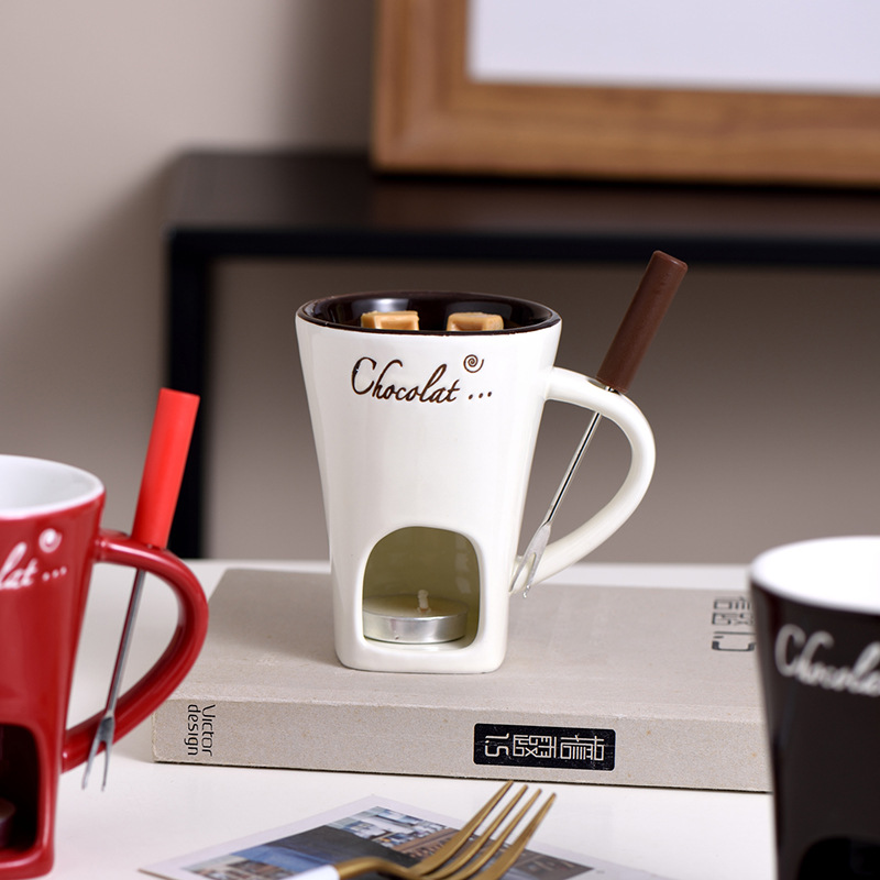 Fondue Mug Ceramic Fondue Mugs with Forks Cheese Melting Pot Set for Chocolate Butter Candy Fondue Warmer for Party Date Night Wedding