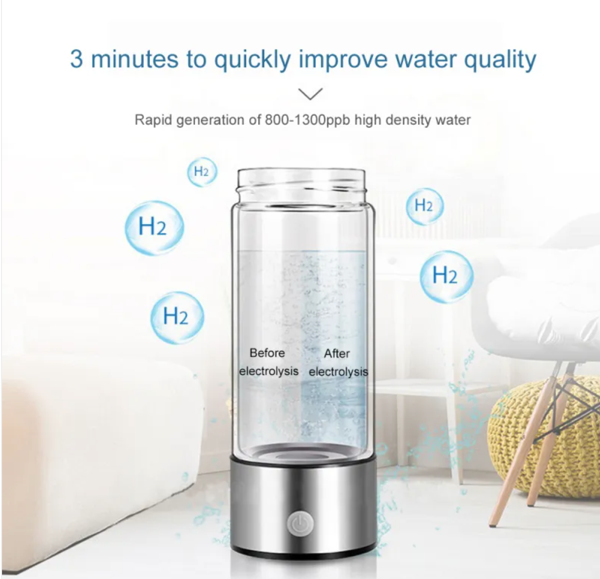 Hydrogen Water Bottle - 14oz Portable Hydrogen Water Generator with SPE/PEM Technology Rechargeable Hydrogen Rich Water Ionizer Machine for Home Gym Travel