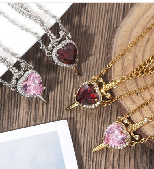 Love Dagger Heart Sword Necklace For Couples, Stainless Steel Twist Water Wave Chain Dainty Trendy Matching Sword And Heart Necklace Set