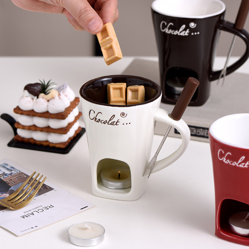 Fondue Mug Ceramic Fondue Mugs with Forks Cheese Melting Pot Set for Chocolate Butter Candy Fondue Warmer for Party Date Night Wedding