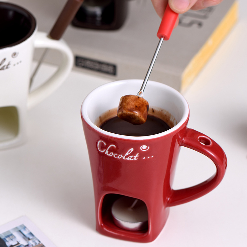 Fondue Mug Ceramic Fondue Mugs with Forks Cheese Melting Pot Set for Chocolate Butter Candy Fondue Warmer for Party Date Night Wedding