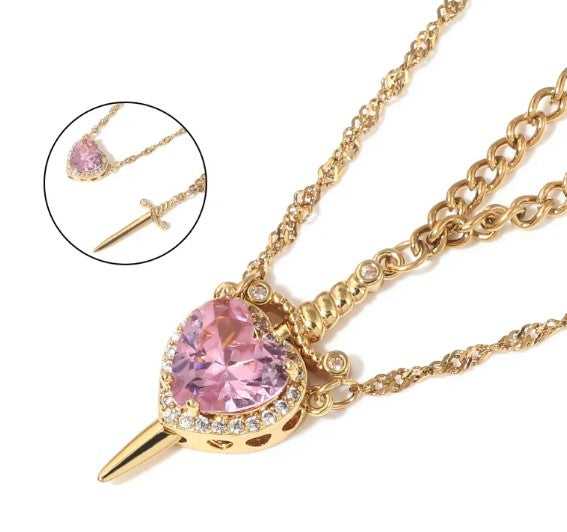 Love Dagger Heart Sword Necklace For Couples, Stainless Steel Twist Water Wave Chain Dainty Trendy Matching Sword And Heart Necklace Set
